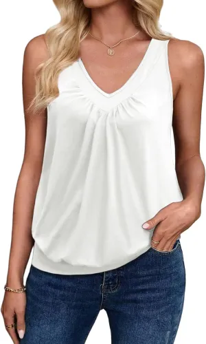 Zeagoo Womens Tank Tops Loose Fit V Neck Ruched Sleeveless Tops Casual Basic Banded Shirts S-XXL