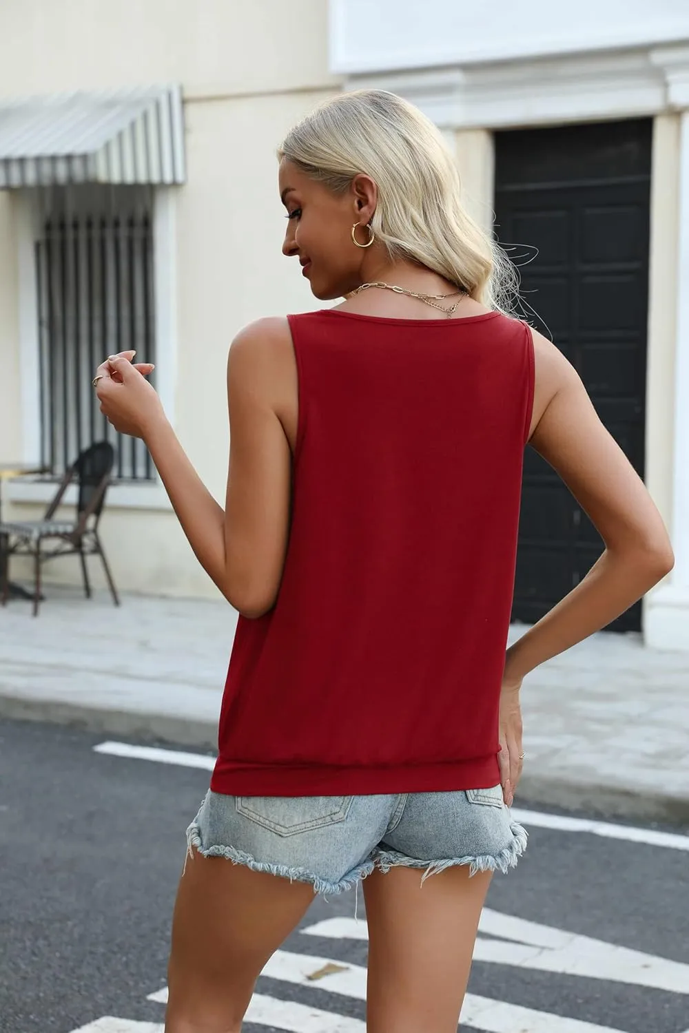 Zeagoo Womens Tank Tops Loose Fit V Neck Ruched Sleeveless Tops Casual Basic Banded Shirts S-XXL