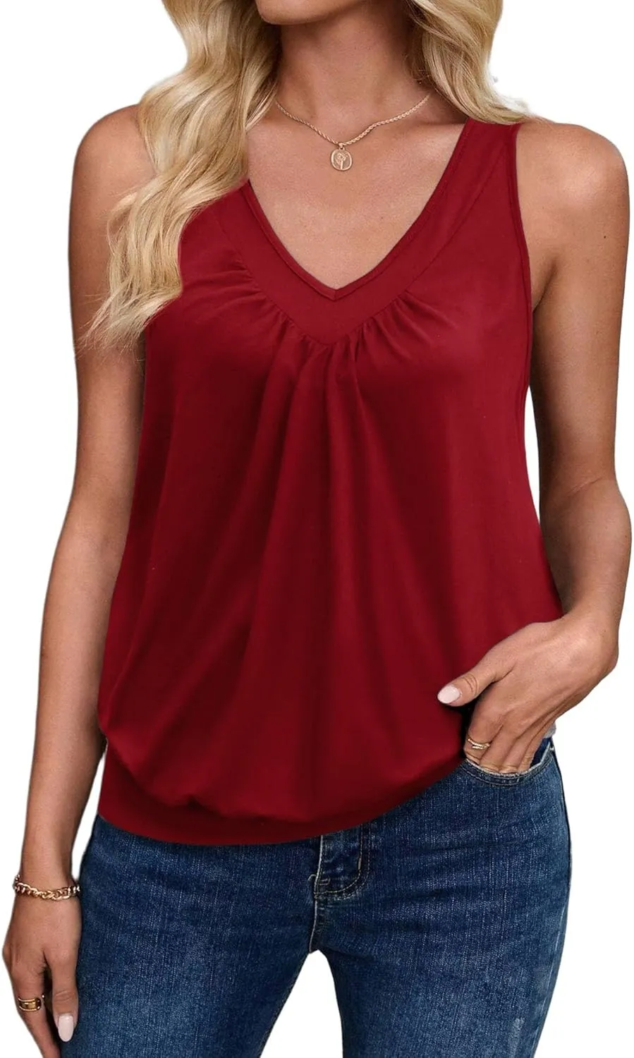 Zeagoo Womens Tank Tops Loose Fit V Neck Ruched Sleeveless Tops Casual Basic Banded Shirts S-XXL