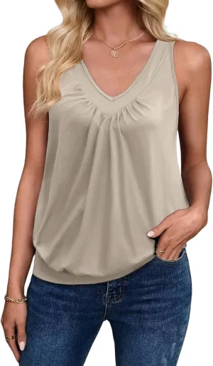 Zeagoo Womens Tank Tops Loose Fit V Neck Ruched Sleeveless Tops Casual Basic Banded Shirts S-XXL